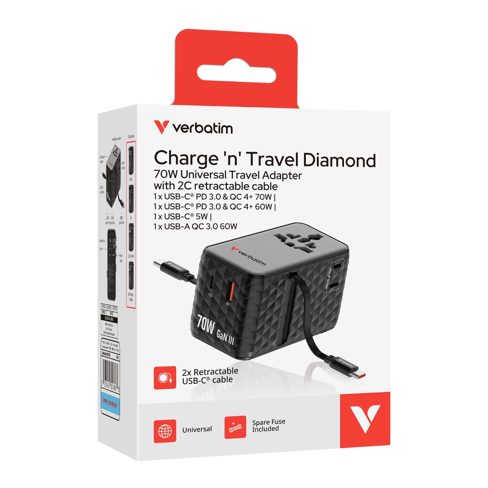 Verbatim Charge 'n' Travel 70W 2C Retractable Universal Travel Adaptor - Verbatim OA-04021